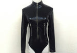 (Custom Product) Black long sleeve leather bodysuit with silver pockets on side