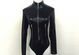 (Custom Product) Black long sleeve leather bodysuit with silver pockets on side