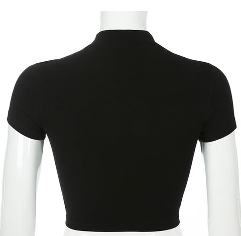 Black Edgy Short Sleeve Belt Crop Top