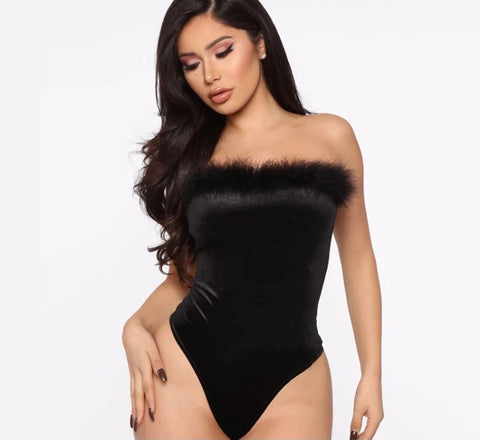 (Custom Product) Black sleeveless bodysuit with fur around neckline