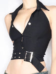 Black V Neck Sleeveless Backless Sexy Crop Tank Top