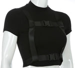 Black Edgy Short Sleeve Belt Crop Top
