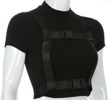 Black Edgy Short Sleeve Belt Crop Top