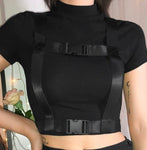 Black Edgy Short Sleeve Belt Crop Top