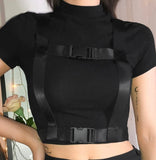 Black Edgy Short Sleeve Belt Crop Top