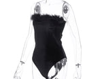 (Custom Product) Black sleeveless bodysuit with fur around neckline