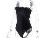 (Custom Product) Black sleeveless bodysuit with fur around neckline